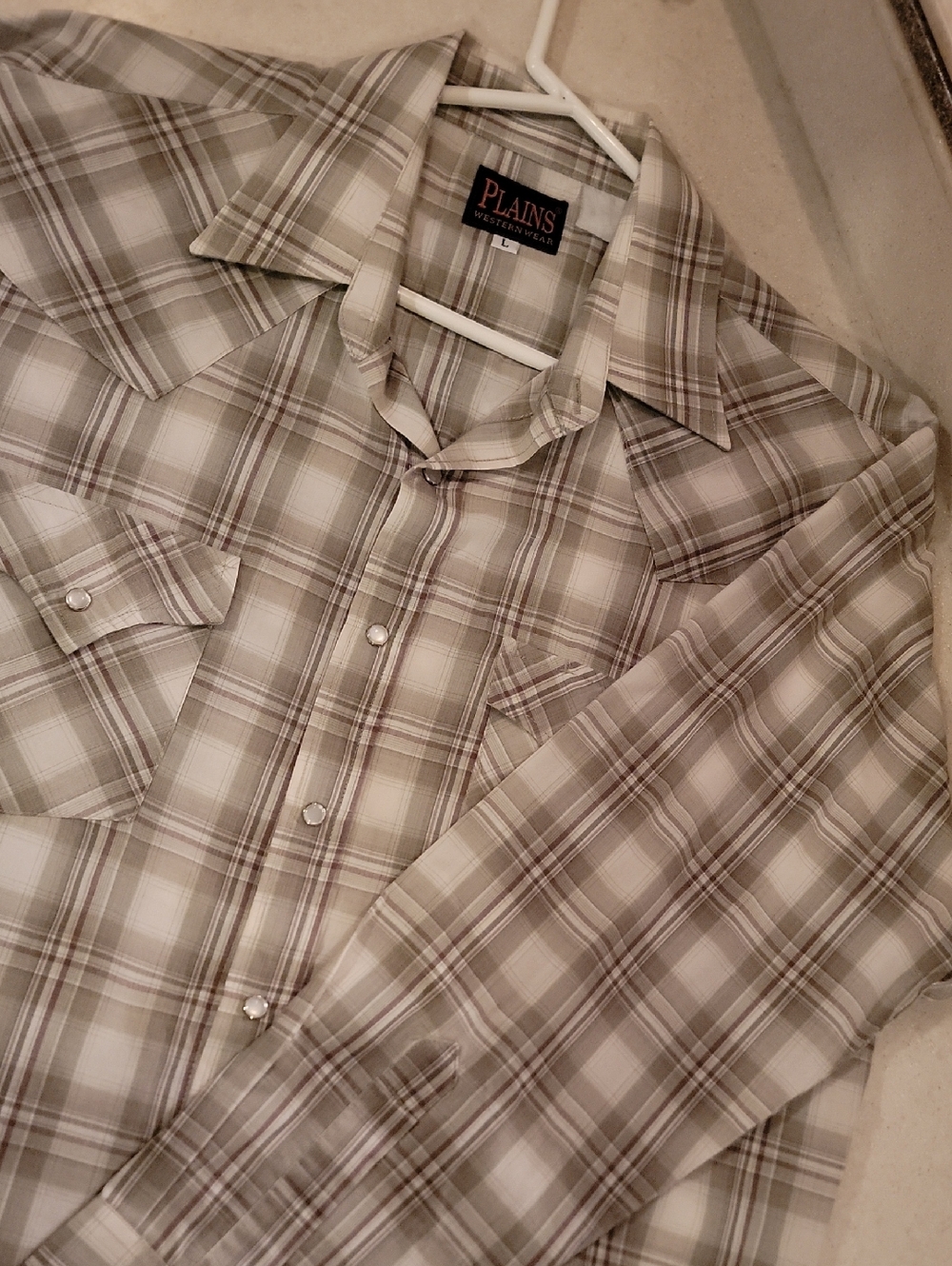 Men's Beige Plaid Western Pearl Snap Shirt Large
